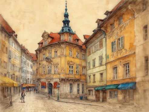 Eine charmante Straße in Graz, umgeben von historischen Gebäuden mit leuchtend gelben und orangefarbenen Fassaden. Im Vordergrund steht ein markantes, barockes Gebäude mit einem auffälligen Turm und kunstvollen Verzierungen. An den Seiten sind kleine Cafés und Geschäfte mit bunten Markisen. Einige Menschen schlendern entspannt durch die nostalgisch anmutende Gasse, während die sanfte Beleuchtung des Tages eine einladende Atmosphäre schafft. Graz ist bekannt für seine beeindruckende Architektur und das Flair der Altstadt, was einen Besuch unvergesslich macht.