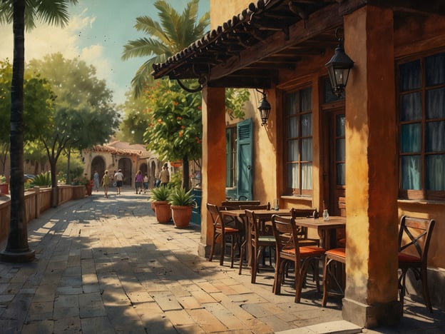 Auf dem Bild ist eine malerische Straßenszene zu sehen, die von Bäumen und Pflanzen gesäumt ist. Im Vordergrund befinden sich Holztische und Stühle eines Cafés oder Restaurants, und im Hintergrund sind Spaziergänger zu sehen, die den Gehweg entlanggehen.Wie findest du Geheimtipps vor Ort? Eine gute Möglichkeit, Geheimtipps zu entdecken, ist, mit Einheimischen ins Gespräch zu kommen und nach ihren Lieblingsorten zu fragen. Auch lokale Blogs und Social-Media-Plattformen bieten oft Empfehlungen abseits der üblichen Touristenpfade.