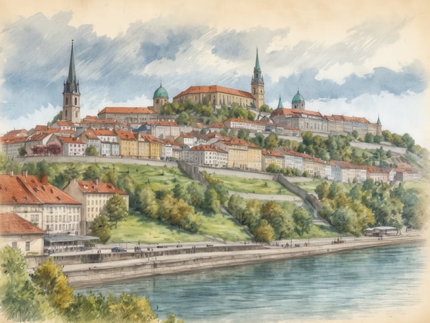 Die panaromatische Ansicht zeigt die Stadt Linz mit ihren charakteristischen Häusern und der markanten Altstadt, die sich am Hang entlangzieht. Im Hintergrund sind mehrere Türme zu sehen, darunter ein hoher Kirchturm und ein Gebäude mit einer grünen Kuppel. Der Fluss verläuft ruhig im Vordergrund, umgeben von Bäumen und einer Bepflanzung, während Spaziergänger am Ufer entlang schlendern. Die sanften Hügel und das klare Wasser vermitteln ein charmantes und einladendes Bild der Stadt, ideal für einen Stadtbummel und kulturelle Entdeckungen.