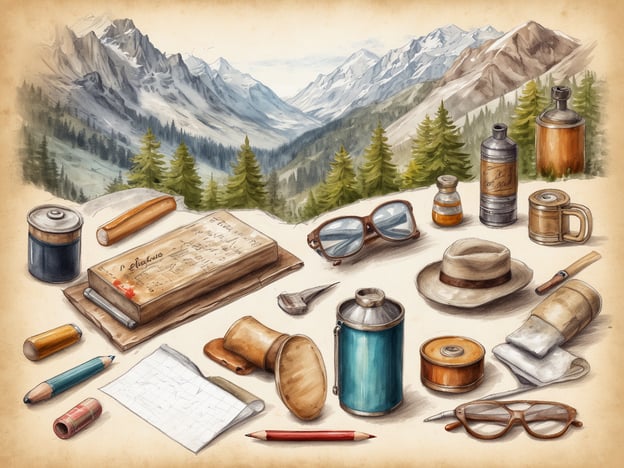 Auf dem Bild sind verschiedene Reiseutensilien und persönliche Gegenstände zu sehen, die auf einem Tisch liegen. Dazu gehören ein Notizbuch mit handschriftlichen Notizen, mehrere Stifte, eine Karte, eine Wasserflasche, eine Kaffeetasse sowie Sonnenbrillen und ein Hut. Im Hintergrund befinden sich majestätische Berge und ein bewaldeter Hang, was eine alpine Landschaft zeigt. Die Gegenstände sind sorgfältig angeordnet und vermitteln ein Gefühl von Abenteuerlust und Vorbereitung für eine Reise nach Kärnten.