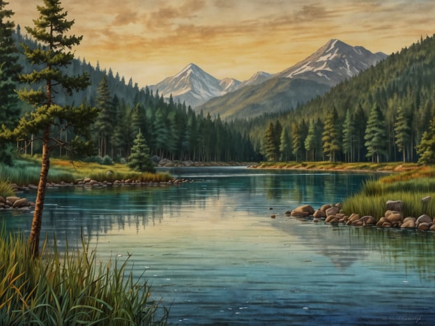 In dieser beeindruckenden Landschaft sehen wir einen ruhigen See, der von majestätischen Bergen und dichten Wäldern umgeben ist. Der sanfte Schein der Morgensonne reflektiert sich im klaren Wasser, während die grünen Ufer mit Gräsern und kleinen Steinen gesäumt sind. Diese Szenerie lädt dazu ein, die Ruhe und Schönheit der Natur zu genießen.Seen sind oft Orte der Erholung und des Nachdenkens, wo das Zusammenspiel von Wasser, Licht und Landschaft eine harmonische Einheit bildet. Sie bieten Lebensräume für zahlreiche Pflanzen und Tiere und sind wichtige Ökosysteme, die unsere Umwelt bereichern. In solchen Bildern widerspiegelt sich die friedliche Verbindung zwischen Mensch und Natur, eine Einladung, die Welt der Seen zu entdecken und zu schätzen.