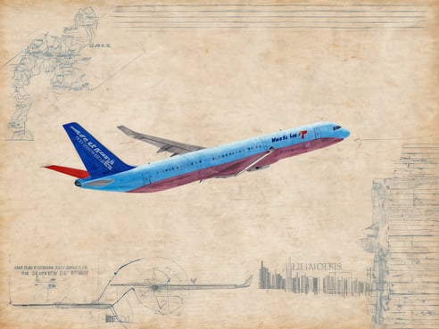 Ein Flugzeug hebt in den Himmel ab, umgeben von skizzenhaften Darstellungen und technischen Zeichnungen. Die Farbgestaltung des Flugzeugs ist blau und rot, mit einem auffälligen Logo auf der Seite. Der Hintergrund hat einen nostalgischen, leicht gelblichen Farbton, der an alte Papiere erinnert. Diese visuelle Komposition vermittelt ein Gefühl von Abenteuer und Reiselaune.