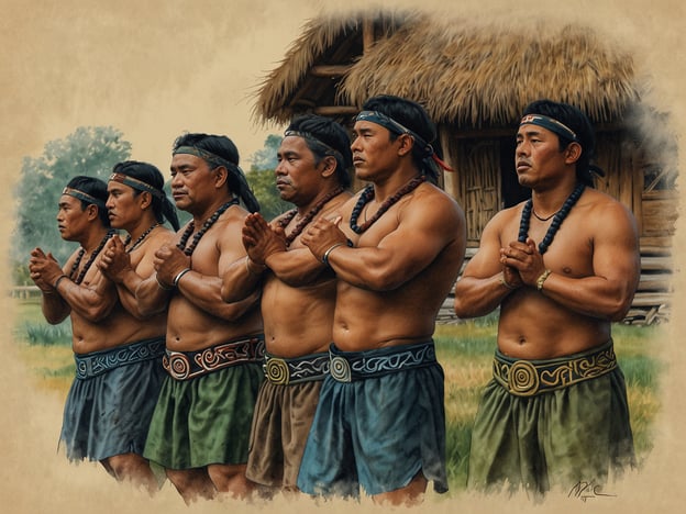 Auf dem Bild sind mehrere Männer in traditioneller Maori-Kleidung zu sehen. Sie stehen in einer Reihe und scheinen sich auf eine Art Zeremonie oder einen kulturellen Ausdruck vorzubereiten. Die Maori-Kultur legt großen Wert auf Gemeinschaft und Ahnenverehrung, und diese Art der Darstellung könnte Teil eines Haka sein, einem traditionellen Tanz, der oft bei bedeutenden Anlässen aufgeführt wird, um Respekt und Stärke auszudrücken.Die Kleider der Männer sind mit auffälligen Mustern verziert, die oft symbolische Bedeutungen haben. Die Verantwortung, die durch solche Darstellungen getragen wird, ist tief in den Traditionen und dem Erbe der Maori verankert, wobei Stärke, Mut und der Zusammenhang mit dem Land und der Gemeinschaft betont werden.
