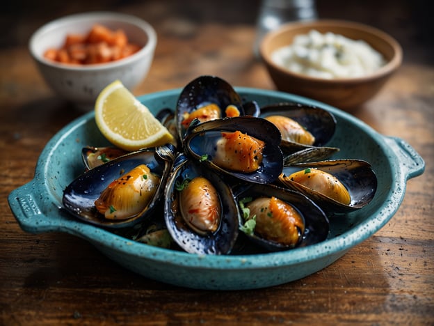 Auf dem Bild sind köstliche Muscheln zu sehen, die in einer ansprechenden blauen Schale serviert werden. Sie sind liebevoll zubereitet und scheinen mit einer pikanten Marinade gewürzt zu sein. Ein Spritzer frischer Zitrone verleiht dem Gericht eine erfrischende Note, während kleine Kräuter das Ganze ansprechend garnieren.Im Hintergrund sehen wir eine Schale mit eingelegten Karotten sowie eine weitere mit einer cremigen Sauce, die wahrscheinlich als Dip oder Beilage dient. Dieses Gericht könnte ein typisches Beispiel für ein kulinarisches Erlebnis an der Küste sein, wo frische Meeresfrüchte geschätzt werden. Es erinnert an lokale Spezialitäten, die in vielen Küstenregionen, wie zum Beispiel in der mediterranen oder norddeutschen Küche, häufig serviert werden. Die Kombination aus frischen Zutaten und regionalen Aromen macht solch ein Gericht besonders attraktiv.
