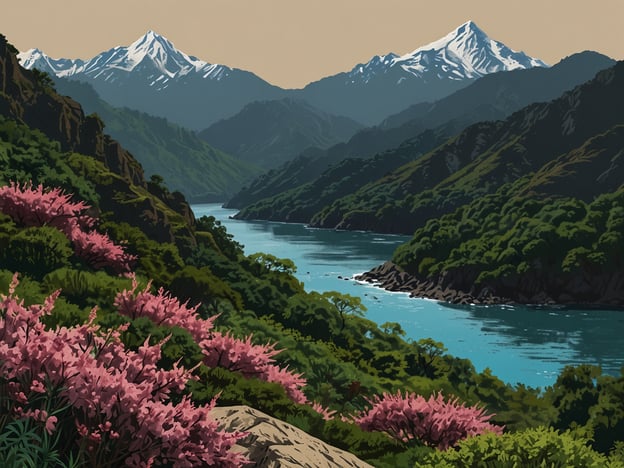 Auf dem Bild sind majestätische Berge mit schneebedeckten Gipfeln, grüne Täler und ein klarer Fluss zu sehen, umgeben von üppiger Vegetation und rosa blühenden Pflanzen.Ähnliche Landschaften finden sich in einzigartigen Nationalparks in Asien, wie zum Beispiel:1. **Zhangjiajie Nationalpark, China** - Berühmt für seine beeindruckenden Sandstein-Säulen und tiefen Täler.2. **Banff Nationalpark, Kanada (obwohl nicht in Asien, oft fälschlicherweise genannt wegen seiner atemberaubenden Natur)** - Bekannt für seine Gletscherseen und Berglandschaften.3. **Kanha Nationalpark, Indien** - Heimat vieler Tierarten und umgeben von malerischen Hügeln.4. **Namtso-See, Tibet** - Ein hoher Bergsee mit fantastischem Panorama.Diese Parks zeigen die Schönheit und Vielfalt der Natur in Asien.