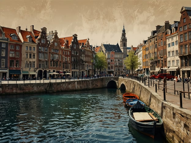 Auf dem Bild ist eine malerische Stadtansicht mit einem Kanal, der von historischen Gebäuden gesäumt ist. Die Architektur erinnert an viele charmante Reiseziele in Europa, wie zum Beispiel:1. **Amsterdam, Niederlande** - Bekannt für seine Kanäle und bunten Häuser.2. **Kopenhagen, Dänemark** - Mit charakteristischen Häusern und einer lebhaften Uferpromenade.3. **Brügge, Belgien** - Berühmt für seine mittelalterlichen Gebäude und romantischen Wasserwege.Die Szene vermittelt eine einladende und entspannte Atmosphäre, die typisch für viele dieser europäischen Städte ist.