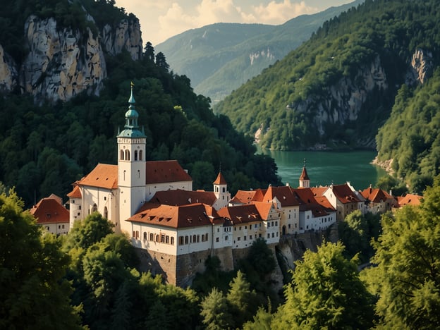 Auf dem Bild ist eine malerische Landschaft mit einem historischen Gebäude zu sehen, das von üppigem Grün und Bergen umgeben ist. Solche Szenen findest du in vielen weniger bekannten, aber bezaubernden Reisezielen Europas.Ein Geheimtipp wäre beispielsweise **Tanzanian Gorges** in Slowenien. Diese Region bietet atemberaubende Natur, Wanderwege und die Möglichkeit, die unberührte Schönheit der Landschaft zu genießen, ohne von Touristen überlaufen zu werden.Ein weiterer Geheimtipp ist **Ronda** in Spanien, bekannt für ihre beeindruckende Schlucht und die historische Brücke. Die Stadt hat eine charmante Atmosphäre und ermöglicht es Besuchern, in die lokale Kultur einzutauchen.Wenn du ein bisschen Abenteuer suchst, könnte **Sibiu** in Rumänien eine gute Wahl sein. Mit seiner gut erhaltenen Altstadt und der malerischen Umgebung ist es ein fantastischer Ort für Geschichts- und Naturliebhaber.