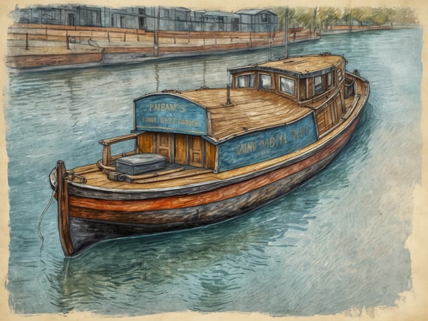 Auf dem Bild ist ein traditionelles, hölzernes Boot auf einem ruhigen Kanal zu sehen. Das Boot hat eine kleine Steuerbank und eine Holzstruktur, die mit sanften Farben gezeichnet ist. Im Hintergrund sind mehrere Gebäude am Ufer des Kanals zu erkennen, die ebenfalls in einem malerischen Stil dargestellt sind. Die Wasseroberfläche spiegelt das Boot und die Umgebung wider und trägt zur friedlichen Atmosphäre bei, die typisch für die Kanäle in Amsterdam ist. Bei einem Besuch in Amsterdam lohnt es sich, eine Bootstour zu unternehmen, um die Stadt aus einer anderen Perspektive zu erleben und die schöne Architektur entlang der Kanäle zu genießen.