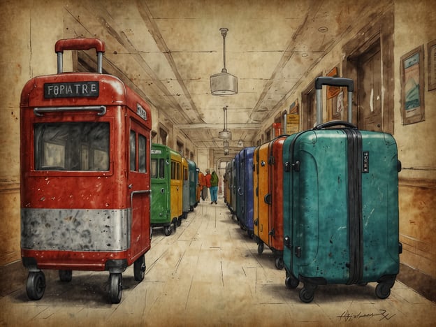 Auf dem Bild sind mehrere Gepäckstücke und eine Reihe von kleinen Verkaufswagen oder Kiosken zu sehen, die in einem langen Flur aufgestellt sind. Die Koffer sind in verschiedenen Farben und bieten somit ein lebendiges Bild. Diese Vielfalt könnte darauf hinweisen, dass es verschiedene Preisklassen und Designs gibt, was das Preis-Leistungs-Verhältnis von Reisetaschen betrifft.Im Kontext von Budgetüberlegungen könnte man sagen, dass die unterschiedlichen Kofferansprüche sowohl für preisbewusste Reisende als auch für solche, die mehr Wert auf Marken oder Qualität legen, entsprechende Optionen bieten. So wird das Preis-Leistungs-Verhältnis durch die Auswahl an Farben und Stilen besonders deutlich,was den Kauf für verschiedene Budgets attraktiv macht.