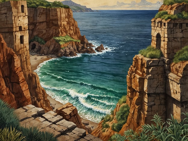 Auf dem Bild ist eine malerische Küstenlandschaft zu sehen. Im Vordergrund erheben sich steile, felsige Klippen, die mit grünem Gras bewachsen sind. Die Klippen sind teilweise zerklüftet und zeigen einige Reste von alten Strukturen, möglicherweise Mauerwerke oder Ruinen, die an eine frühere Besiedlung erinnern.Im Hintergrund erstreckt sich das Meer, dessen Wellen sanft gegen die Felsen schlagen. Der Ozean hat eine tiefblaue Farbe und der Himmel ist leicht bewölkt, was eine ruhige und friedliche Atmosphäre vermittelt. Am Fuße der Klippen gibt es einen kleinen Strand, auf dem einige Menschen zu sehen sind, die sich in der Natur aufhalten. In der Ferne erkennt man eine hügelige Landschaft mit Bergen, die die Szenerie umrahmen.