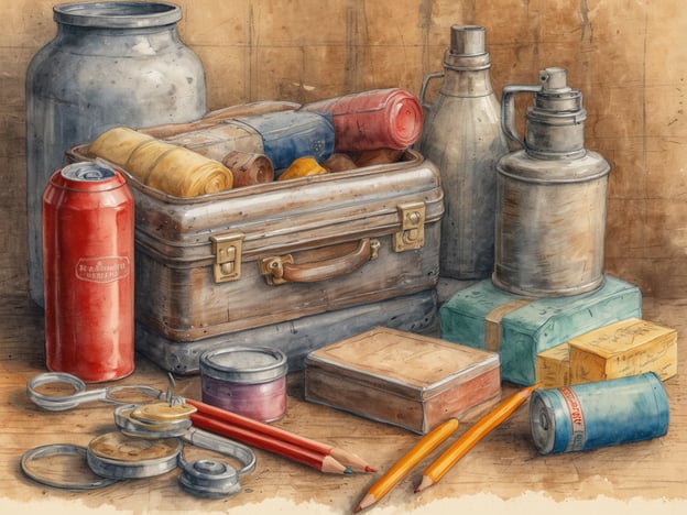 Eine Sammlung von verschiedenen Gegenständen ist auf einem Tisch angeordnet. Zu sehen sind eine große Metallkanne, ein rotes Getränkedose, eine Holzkiste, die mit unterschiedlichen Rollen und farbigen Gegenständen gefüllt ist, sowie mehrere Dosen und Kästchen. Dazu liegen einige Stifte und weitere kleine Metallteile verstreut. Der Hintergrund ist in sanften, neutralen Farbtönen gehalten, was die Gegenstände im Vordergrund hervorhebt.