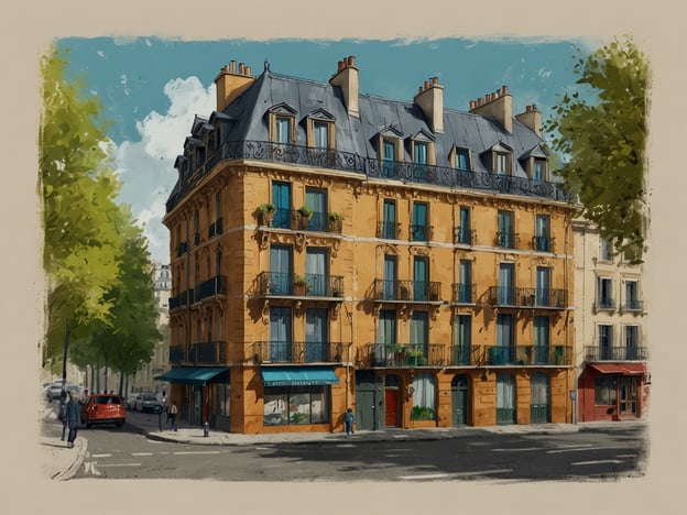 Auf dem Bild ist ein charmantes, gelbes Gebäude in Paris zu sehen, das an einer Straßenecke steht. Es hat mehrere Fenster mit Balkonen und ist von Bäumen umgeben. Das Erdgeschoss scheint ein Geschäft oder ein Café zu sein, erkennbar an der grünen Markise. Die Architektur ist typisch für Paris und vermittelt eine gemütliche Atmosphäre. Dieses Gebäude könnte eine angenehme Unterkunft in der Stadt sein, ideal für Touristen, die die Pariser Lebensart erleben möchten.