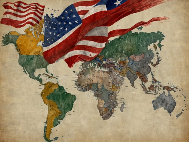 Auf dem Bild ist eine Weltkarte zu sehen, die von einer großen US-Flagge überlagert wird. Die Karte zeigt die verschiedenen Kontinente und Länder der Welt.In Bezug auf Visabestimmungen nach Regionen:- **Nordamerika**: Bürger vieler Länder, wie beispielsweise Kanada und einige europäische Länder, benötigen keine Visa für einen Besuch in den USA für kurze Aufenthalte.- **Europa**: Die meisten EU-Bürger können visumfrei in die USA reisen, müssen jedoch eine ESTA-Genehmigung beantragen.- **Südamerika**: Einige Länder, wie Brasilien, haben spezielle Abkommen, die das Reisen in die USA erleichtern, während andere ein Visum benötigen.- **Asien**: Die Visa-Anforderungen variieren stark; Länder wie Japan haben visumfreie Zugänge, während Bürger anderer Länder ein Visum beantragen müssen.- **Afrika**: Die meisten afrikanischen Länder benötigen ein Visum für die Einreise in die USA.Die Darstellung könnte symbolisch für die internationale Beziehung der USA zu diesen Regionen stehen.