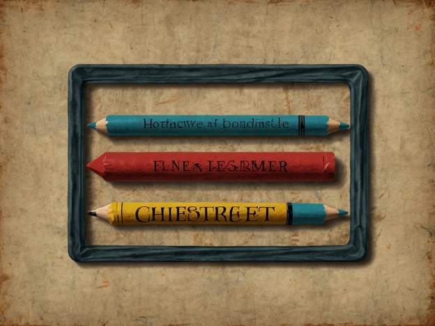 Auf dem Bild sind drei bunte Buntstifte zu sehen, die in einem rechteckigen Rahmen angeordnet sind. Die Stifte sind in verschiedenen Farben: Blau, Rot und Gelb. Jeder Stift trägt eine Aufschrift, die jedoch teilweise unleserlich oder verzerrt erscheint.
Der Hintergrund des Bildes wirkt vintage oder altmodisch, mit einer beige-braunen Textur, die dem Bild einen nostalgischen Eindruck vermittelt. Die Stifte scheinen auf einem Tisch oder einer ähnlichen Oberfläche zu liegen, was den Eindruck erweckt, als wären sie für kreative Arbeiten oder Zeichnungen bereitgestellt worden.