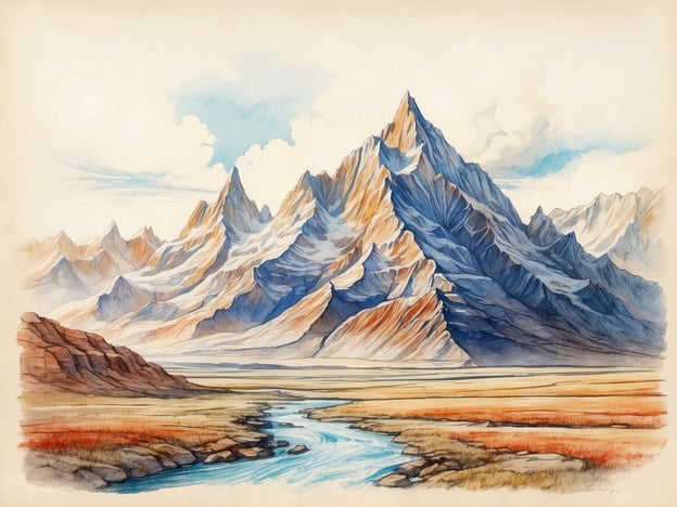 Auf dem Bild sind majestätische Berge zu sehen, die in sanften Farben dargestellt sind, sowie ein ruhiger Fluss, der durch eine weite, natürliche Landschaft fließt. Die Szene strahlt Ruhe und Schönheit aus, perfekt für Naturliebhaber und Wanderer.
**Tipps und Empfehlungen für den Besuch solcher Landschaften:**
1. **Beste Reisezeit:** Informiere dich über die Jahreszeiten. Frühling und Herbst sind oft ideal für Wanderungen, da das Wetter mild ist und die Natur besonders schön aussieht.
2. **Ausrüstung:** Trage festes, bequemes Schuhwerk und bringe geeignete Outdoor-Bekleidung mit, um dich vor wetterbedingten Überraschungen zu schützen.
3. **Karten und Routen:** Nutze Karten und Apps zur Routenplanung, um sicherzustellen, dass du die besten Aussichtspunkte und Wanderwege findest.
4. **Nachhaltigkeit:** Achte darauf, die Natur zu respektieren. Hinterlasse keine Spuren und halte dich an ausgewiesene Wege.
5. **Fotografie:** Vergiss nicht deine Kamera oder dein Smartphone, um die atemberaubenden Landschaften festzuhalten. Frühmorgens oder spät nachmittags ist das Licht oft am besten für Fotos.
6. **Proviant:** Nimm ausreichend Wasser und Snacks mit, vor allem wenn du länger unterwegs bist.
7. **Sicherheit:** Informiere jemanden über deine Pläne und die voraussicht