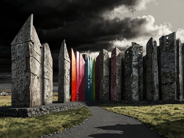 Auf dem Bild sind große, monumentale Steine zu sehen, die in verschiedenen Farben gestaltet sind. Diese auffälligen Strukturen könnten als eine künstlerische Interpretation eines historischen Denkmals oder kulturellen Erbes betrachtet werden, ähnlich wie Stonehenge oder andere Megalithanlagen. Der Weg in der Mitte lädt dazu ein, das Objekt näher zu erkunden, und die dunklen Wolken im Hintergrund verleihen der Szene eine dramatische Atmosphäre.Solche Monumente sind oft Orte, die mit Ritualen, Astronomie oder Gemeinschaftsfeiern verbunden sind. Die Kombination aus Natur und Menschlichkeit spiegelt die tief verwurzelte Beziehung wider, die Kulturen über Jahrtausende hinweg zu ihrem Umfeld hatten. In diesem Kontext könnte das Bild auch als eine moderne Hommage an die Traditionen und Geschichten der Menschheit interpretiert werden.