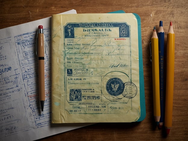 Auf dem Bild sind verschiedene Gegenstände zu sehen, die mit der Planung und Vorbereitung eines USA-Abenteuers in Verbindung stehen könnten. Dazu gehören:1. **Reisedokumente**: Ein gelbes Heft, das möglicherweise wichtige Informationen oder einen Reisepass enthält, könnte für die Einreise in die USA notwendig sein.2. **Stift**: Ein Stift liegt neben den Dokumenten, was darauf hinweist, dass man Notizen macht oder Formulare ausfüllt.3. **Buntstifte**: Dies könnte darauf hindeuten, dass man kreative Planungen für den Trip macht, vielleicht für eine Reiseroute oder Kartenskizzen.4. **Schriftliche Informationen**: Das Blatt Papier mit blauen Stempeln könnte sich auf Flugticketbuchungen oder andere Reisebestätigungen beziehen.Insgesamt vermitteln die Gegenstände eine Atmosphäre der Vorbereitung auf eine bevorstehende Reise in die USA.