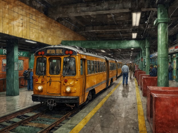 Auf dem Bild ist eine U-Bahn-Station zu sehen, in der ein gelber Zug zum Halt gekommen ist. Die Umgebung wirkt urban und industriell, mit künstlerischen Elementen in der Architektur. Menschen warten anscheinend auf den Zug oder stehen an den Gleisen.In vielen Städten werden U-Bahnen als eine der wichtigsten Fortbewegungsmöglichkeiten genutzt, da sie schnell und effizient die verschiedenen Stadtteile verbinden. Diese Art des Transports ist besonders in großen Metropolen verbreitet, wo Straßenverkehr oft dicht ist. Neben U-Bahnen gibt es in vielen Ländern auch Straßenbahnen oder S-Bahnen, die für kurze bis mittellange Strecken eine gute Alternative darstellen.