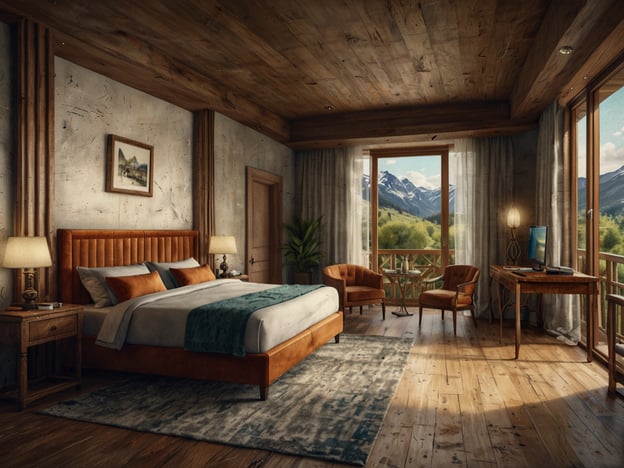 Auf dem Bild ist ein stilvolles Schlafzimmer mit einem großen Bett, einer gemütlichen Sitzecke und einem Fenster mit Blick auf die Berge zu sehen. Der Raum hat eine rustikale, aber moderne Einrichtung mit warmen Holztönen.### Unterkunftsmöglichkeiten für jeden Geldbeutel:1. **Günstig**: Hostels oder einfache Pensionen in der Nähe der Berge bieten oft gemütliche Zimmer zu erschwinglichen Preisen. Diese Optionen sind ideal für Reisende mit kleinem Budget.2. **Mittelklasse**: In dieser Preisklasse findet man Bed & Breakfasts oder Boutique-Hotels, die sowohl Komfort als auch ein angenehmes Ambiente bieten. Diese Unterkünfte sind perfekt für Paare oder kleine Gruppen.3. **Luxus**: Hochwertige Resorts oder Ferienwohnungen mit atemberaubendem Blick auf die Berge bieten erstklassige Annehmlichkeiten. Diese Orte sind ideal für einen entspannten Traumurlaub mit viel Komfort und Service.Egal, welches Budget man hat, es gibt immer passende Optionen für einen angenehmen Aufenthalt!