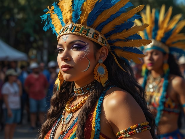 Auf dem Bild ist eine Frau zu sehen, die traditionelle Kleidung trägt, die häufig bei Festen und kulturellen Veranstaltungen in bestimmten indigenen Kulturen zu finden ist. Die bunten Federn und die kunstvolle Körperbemalung deuten auf einen feierlichen Anlass hin, möglicherweise eine Parade oder ein Fest, das kulturelle Identität und Traditionen zelebriert.In vielen indigenen Kulturen, wie beispielsweise bei den Mexikanern, sind solche Feste oft mit Tänzen, Musik und Handwerkskunst verbunden. Diese Anlässe dienen der Stärkung der Gemeinschaft und der Weitergabe von Bräuchen und Geschichten an die nächste Generation. Die Verwendung von Symbolen und Mustern in der Kleidung und beim Makeup hat oft tiefere Bedeutungen und kann mit der Spiritualität und dem Glauben der jeweiligen Kultur verbunden sein.Zusätzlich ist es üblich, dass solche Veranstaltungen eine Vielzahl von Gerichten aus regionalen Zutaten umfassen, die hervorgehoben werden, um die Verbundenheit mit der Natur und den Vorfahren zu feiern. Solche Feiern sind oft auch Gelegenheiten für die Gemeinschaft, sich zu versammeln und soziale Bindungen zu stärken.