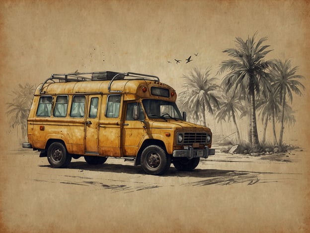 Auf dem Bild ist ein gelber Van zu sehen, der in einer entspannten, tropischen Umgebung mit Palmen dargestellt ist. Der Van erinnert an ein Fahrzeug, das oft für Roadtrips oder Abenteuerreisen verwendet wird.Einführung in nachhaltiges Reisen:Nachhaltiges Reisen bedeutet, umweltfreundliche und sozial verantwortliche Entscheidungen zu treffen, während man die Welt erkundet. Dazu zählt die Wahl von Transportmitteln wie öffentlichen Verkehrsmitteln oder Fahrrädern, die Minimierung des CO2-Fußabdrucks und die Unterstützung lokaler Gemeinschaften. Der Van in diesem Bild könnte symbolisch für flexible, abenteuerliche Reisen stehen, die, wenn sie nachhaltig durchgeführt werden, erlebnisreiche und umweltschonende Praktiken fördern können.