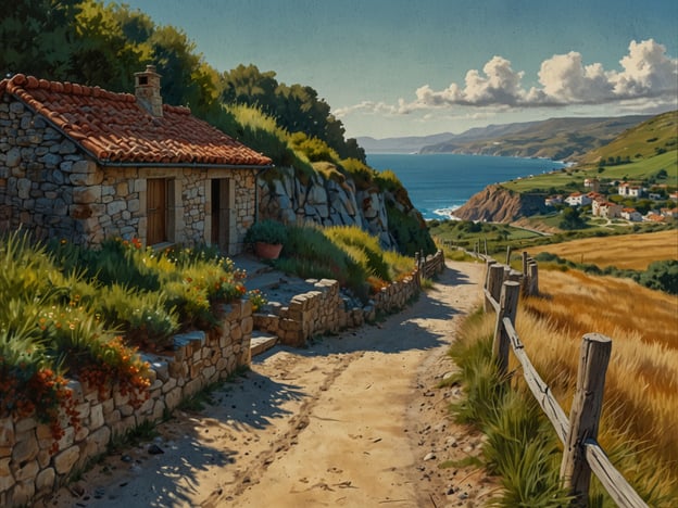 Das Bild zeigt eine malerische Landschaft mit einem gnädigen Ausblick auf das Meer und eine ländliche Umgebung. Im Vordergrund erkennt man einen Weg, der möglicherweise zu einer der Routen des Jakobswegs führt.Es könnte sich um den Camino del Norte handeln, der entlang der nordspanischen Küste verläuft und atemberaubende Küstenlandschaften sowie historische Stätten bietet. Die natürliche Schönheit und die ländlichen Strukturen sind charakteristisch für diese Route, die Pilger durch idyllische Dörfer und an der Küste entlang führt.Alternativ könnte das Bild auch die Camino Primitivo reflektieren, die eine der ältesten Routen darstellt, die auch durch grüne Hügellandschaften führt.