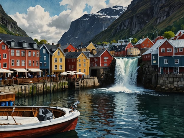 Auf dem Bild ist eine malerische Küstenstadt mit bunten Häusern zu sehen, die direkt am Wasser liegen. Im Hintergrund stößt ein Wasserfall ins Meer, während im Vordergrund ein Boot anlegt. Die gesamte Szenerie vermittelt eine entspannte, idyllische Atmosphäre, die perfekt für einen Roadtrip durch Skandinavien wäre. Die Kombination aus Bergen, Wasser und farbenfrohen Gebäuden spiegelt die natürliche Schönheit dieser Region wider.