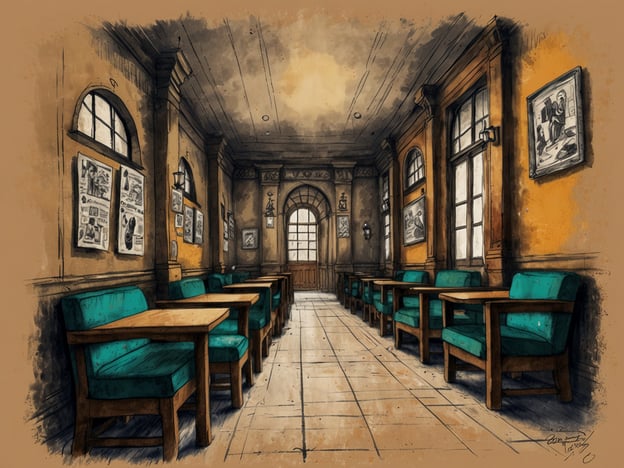 Auf dem Bild ist ein gemütlicher Raum zu sehen, der an ein Café oder eine kleine Bar erinnert. Die Wände sind mit warmen Farben gestaltet, und es gibt mehrere große Fenster, die Licht hereinlassen. An den Wänden hängen Bilder und Plakate, die einen nostalgischen Charme ausstrahlen. Die Möbel bestehen aus Tischen und Stühlen mit einer auffälligen blauen Polsterung, die zum Verweilen einladen.Vorbereiten ist alles: Recherchiere vor deiner Reise, vielleicht findest du ähnliche Cafés oder Bars, die eine ebenso einladende Atmosphäre bieten. Es könnte interessant sein, die Hintergründe der ausgestellten Bilder zu erfahren oder herauszufinden, welche Geschichte dieser Raum erzählt.