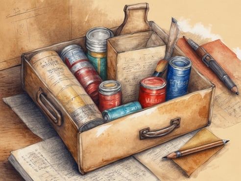 Ein Holzbox liegt auf einem Tisch und enthält verschiedene Dosen mit Farben in verschiedenen Farben wie Rot, Blau, Gelb und Grün. In der Box sind auch ein Pinsel und einige Notizzettel mit handschriftlichen Notizen. Neben der Box stehen ein Kugelschreiber und ein Stück kariertes Papier. Der Hintergrund ist hell mit beige und braunen Farbtönen, was eine warme Atmosphäre schafft.