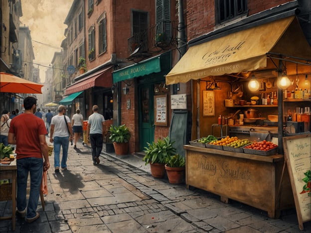 Auf dem Bild ist eine lebendige Straßenszene zu sehen, die das kulinarische Erlebnis von Street Food und Märkten widerspiegelt. An den Seiten der engen Gasse stehen charmante Stände, die frisches Obst und Gemüse anbieten. Die verschiedenen Farben der Produkte ziehen die Aufmerksamkeit auf sich und vermitteln ein Gefühl von Frische und Regionalität.Menschen schlendern durch die Straße, genießen die Atmosphäre und könnten vielleicht gerade auf der Suche nach einem schmackhaften Snack oder lokalen Spezialitäten sein. Die warmen Farben der Fassaden und die verschiedenen Essensstände tragen zum einladenden Flair des Marktes bei. Solche Stände sind oft Orte, an denen man die lokale Küche hautnah erleben kann, sei es durch das Probieren von saisonalen Früchten oder durch das Entdecken traditioneller Gerichte.