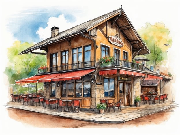 Auf dem Bild ist ein gepflegtes Restaurantgebäude mit einem rustikalen, einladenden Design zu sehen. Es hat eine Holzfassade und große Fenster, die viel Licht hereinlassen. Der Außenbereich ist mit roten Markisen und Tischen sowie Stühlen ausgestattet, was die Möglichkeit bietet, im Freien zu speisen. Blühende Pflanzen verleihen dem Platz eine angenehme Atmosphäre.
In der Gastronomie des Hansa-Parks gibt es ähnliche traditionelle und einladende Lokale, wo Besucher eine Vielzahl von Speisen genießen können, während sie die Freizeitangebote und Attraktionen des Parks erleben.