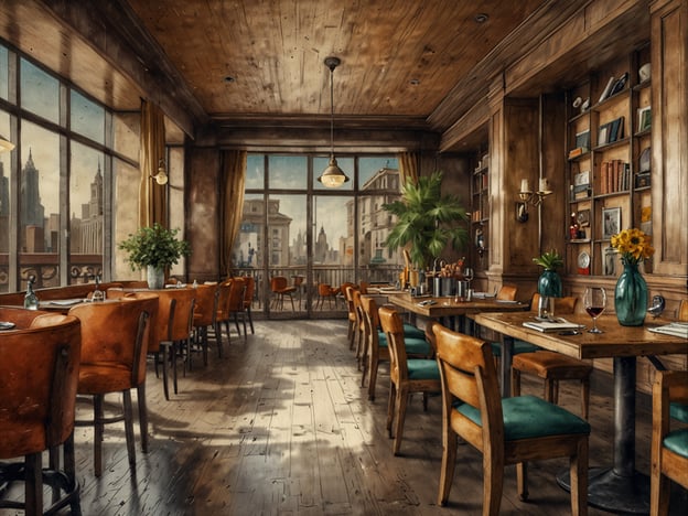 Auf dem Bild ist ein elegantes Restaurant zu sehen, das durch große Fenster einen Blick auf die Stadt bietet. Die gemütlichen Holztische und Stühle schaffen eine einladende Atmosphäre, die perfekt für gesellschaftliche Erlebnisse ist. Der Raum könnte Schauplatz für besondere Momente sein, wie das Treffen neuer Freunde oder das Feiern von Anlässen.Die Pflanzen und die warmen Farben tragen zur Behaglichkeit bei, was es erleichtert, ins Gespräch zu kommen und Verbindungen zu knüpfen. In solch einem Ambiente könnten Menschen interessante Gespräche führen, neue Freundschaften schließen und unvergessliche Erinnerungen schaffen.