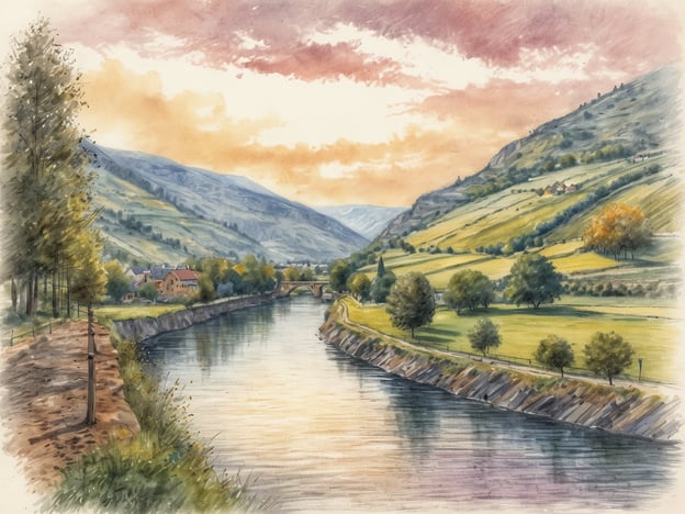 Eine malerische Landschaft mit einem ruhigen Fluss, der sich durch sanfte Hügel schlängelt. Auf der linken Seite führt ein schmaler Weg entlang des Wassers, gesäumt von Bäumen und Sträuchern. Im Hintergrund sind grüne Wiesen und einige Häuser zu sehen, die charmant in die Natur eingebettet sind. Eine Bögen über den Fluss verbindet die beiden Ufer, während die sanften Hügel mit vereinzelten Bäumen und einer sanften Farbpalette, die von warmen Orangen- und Gelbtönen bis zu kühlen Blau- und Grüntönen reicht, verzaubern. Diese idyllische Kulisse macht Remich zu einem perfekten Ziel für Naturliebhaber und Erholungssuchende.