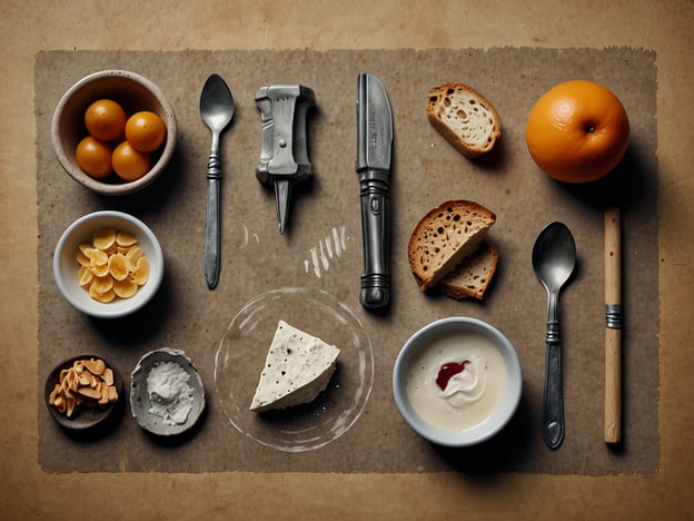 Auf dem Bild sind verschiedene Nahrungsmittel und Bestecke ansprechend angeordnet. Zu sehen sind:- Eine Schüssel mit kleinen, gelben Früchten (vielleicht Eierfrüchte oder Kirschtomaten).- Eine Schale mit geschnittenen Früchten oder Mandeln.- Ein Stück Käse mit schwarzem Pfeffer.- Eine Schale mit einer cremigen Speise, möglicherweise Joghurt oder Quark, dekoriert mit einem kleinen Klecks Soße.- Scheiben von Brot, das möglicherweise ein dunkles Vollkornbrot ist.- Eine Orange als frisches Obst.In Bezug auf die Ernährung vor und während des Fluges sind leicht verdauliche Snacks, wie frisches Obst und milde Snacks, empfehlenswert. Diese helfen, den Körper mit Energie zu versorgen und vermeiden schwere Mahlzeiten, die die Verdauung im Flieger belasten könnten. Der Verzehr von fettigen oder stark gewürzten Speisen sollte vermieden werden, um Unwohlsein zu vermeiden.