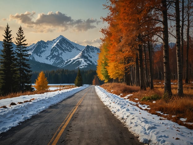 Auf dem Bild ist eine malerische Straße zu sehen, die durch eine herbstliche Landschaft führt, mit bunten Bäumen an den Seiten und schneebedeckten Bergen im Hintergrund. Hier sind einige praktische Reisetipps für solche Landschaften:1. **Kleidung**: Zieh dich warm an, da es in bergigen Gegenden schnell kühl werden kann, besonders in der Nähe von Schnee.2. **Fotografie**: Nutze die golden hour (kurz nach Sonnenaufgang oder vor Sonnenuntergang) für die besten Lichtverhältnisse bei Fotos.3. **Fahrzeug**: Stelle sicher, dass dein Fahrzeug wintertauglich ist, falls du in schneebedeckte Gebiete fährst. Winterreifen sind oft unerlässlich.4. **Planung**: Informiere dich über die Wetterbedingungen und die Straßensperrungen in der Region, besonders im Herbst und Winter.5. **Natur genießen**: Halte regelmäßig an, um die Aussicht zu genießen und die Schönheit der Natur auf dich wirken zu lassen.Viel Spaß beim Reisen!