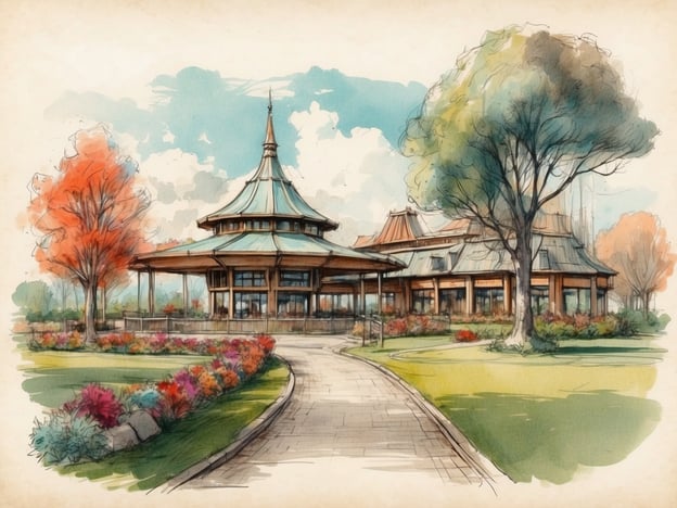Auf dem Bild ist ein wunderschönes Gebäude mit einem markanten, spitzen Dach und einer einladenden Veranda zu sehen, umgeben von bunten Blumenbeeten und hohen Bäumen. Die Architektur erinnert an eine Mischung aus traditionellem und modernem Design, das harmonisch in die natürliche Umgebung integriert ist.
In der Geschichte von Fort Fun Abenteuerland wäre solch ein Gebäude ein zentraler Ort für die Besucher, vielleicht ein Empfangsgebäude oder ein Restaurant, das den Gästen kreative Erlebnisse und kulinarische Köstlichkeiten bietet. Umgeben von der aufregenden Atmosphäre des Abenteuerlands würde dieser Ort einladend wirken, um Pausen zwischen den spannenden Fahrgeschäften und Aktivitäten einzulegen.