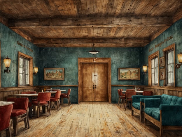 Auf dem Bild ist ein rustikaler Raum zu sehen, der eine gemütliche Atmosphäre ausstrahlt. Die Wände sind in einem bläulichen Farbton gestrichen, und es gibt Holzböden sowie Holzelemente, die dem Raum Wärme verleihen.In diesem Raum könnte man sich gut entspannen und eine Übernachtungsmöglichkeit wie ein Gasthaus oder eine Pension vorstellen, wo Gäste nach einem langen Tag eine Mahlzeit genießen und sich ausruhen können. Der Raum ist in einem traditionellen Stil eingerichtet, mit Tischen und Sesseln, was ihn ideal für geselliges Beisammensein macht.