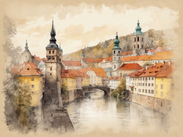 Eine malerische Ansicht einer historischen Stadt in Tschechien, mit charmanten Häusern in verschiedenen Farben, die auf einem sanften Hügel angeordnet sind. Im Vordergrund fließt ein ruhiger Fluss, der von einem eleganten Steinbogenbrücke überquert wird. Auf der linken Seite erhebt sich ein markanter Turm mit einer spitzen Dachhaube, während im Hintergrund mehrere Türme mit grünen Kuppeln in den Himmel ragen. Das Bild vermittelt eine romantische Atmosphäre und spiegelt die Schönheit und den historischen Charakter dieser Region wider.