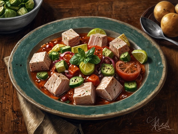 Auf dem Bild ist eine bunte, ansprechende Speise zu sehen, die aus gewürfeltem Fleisch oder Fisch, frischem Gemüse und Gewürzen besteht. In vielen Ländern Südamerikas ist ein solches Gericht, das oft eine Mischung aus verschiedenen Zutaten ist, sehr beliebt. Die Verwendung von frischen Zutaten wie Tomaten, Limetten und Avocado erinnert an typische Rezepte aus der Region, wo Aromen und Farben eine zentrale Rolle spielen.Ein ähnliches südamerikanisches Gericht könnte Ceviche sein, das oft mit frischem Fisch, Limettensaft und frischem Gemüse zubereitet wird. Auch Salate oder Eintöpfe, die reich an Gemüse und Proteinen sind, sind in vielen südamerikanischen Küchen verbreitet.