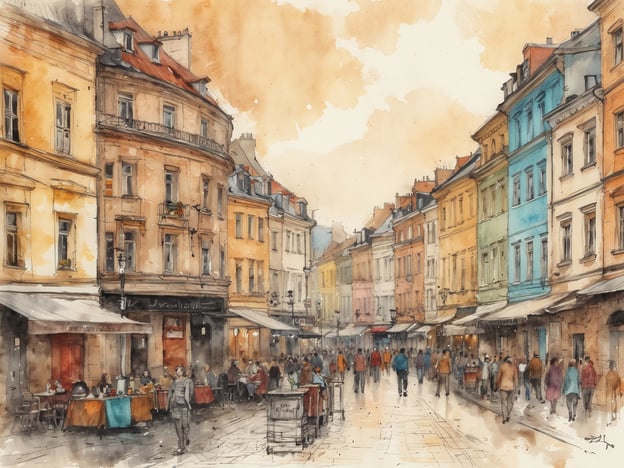Eine lebendige Straße in Warschau mit bunten historischen Gebäuden, die im Aquarellstil dargestellt sind. Die Fassaden variieren in warmen Farbtönen von Gelb, Blau und Orange. Auf beiden Seiten der Straße stehen zahlreiche Cafés und Restaurants mit Außensitzplätzen, an denen Menschen sitzen und sich unterhalten. Die belebte Straße wird von Passanten frequentiert, die in verschiedenen Richtungen gehen. Über dem Szenario breitet sich ein sanfter, orangefarbener Himmel aus, der der Atmosphäre einen charmanten Charakter verleiht. Diese Szenerie zeigt die einladende und lebhafte Stimmung Warschaus und macht es zu einem faszinierenden Reiseziel.