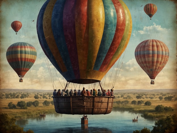 Auf dem Bild sieht man mehrere bunte Heißluftballons, die über einer malerischen Landschaft schweben. In einem der Ballons sitzen viele Menschen, die das atemberaubende Panorama genießen. Diese Szene könnte Abenteuer für jeden Geschmack bieten:1. **Adventurer**: Heißluftballonfahrten sind eine aufregende Möglichkeit, die Landschaft aus der Vogelperspektive zu erleben.2. **Naturfreunde**: Für diejenigen, die die Natur lieben, bietet die Umgebung wunderschöne Ausblicke auf Grünflächen und Wasserläufe.3. **Familienaktivitäten**: Ein gemeinsames Erlebnis im Ballon kann Familien die Möglichkeit bieten, zusammen zu lachen und Erinnerungen zu schaffen.4. **Romantische Ausflüge**: Paare könnten das Gefühl der Freiheit und das wunderschöne Setting für einen romantischen Ausblick nutzen.5. **Fotografie-Enthusiasten**: Die Farben und die Landschaft bieten hervorragende Motive für atemberaubende Fotos.Insgesamt ist das Bild eine Einladung zu unvergesslichen Erlebnissen über den Wolken!