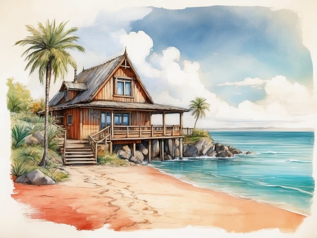 Auf dem Bild ist ein malerisches Strandhaus zu sehen, das direkt am Wasser gebaut ist. Umgeben von tropischen Palmen und einem klaren, blauen Meer wirkt die Szenerie sehr einladend und entspannend.
Aktuelle Angebote könnten zum Beispiel eine entspannte Übernachtung im Strandhaus umfassen, vielleicht mit Zugang zu Strandaktivitäten wie Schnorcheln oder Kajakfahren. Außerdem könnte es attraktive Veranstaltungen in der Umgebung geben, wie Strandpartys oder lokale Märkte mit Handwerkskunst und regionalen Spezialitäten. Ein perfekter Ort für einen Urlaub voller Erholung und Abenteuer!