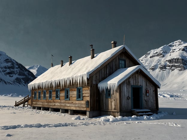 Vor der Reise: Planung und Vorbereitung.Das Bild zeigt eine rustikale Holzhütte, die von Schnee umgeben ist und ein Dach mit Eiszapfen hat. Die Umgebung scheint winterlich und abgelegen zu sein, mit Bergen im Hintergrund.Bei der Planung einer Reise zu einem solchen Ort wäre es wichtig, die richtige Ausrüstung für kalte Temperaturen zu wählen, die Anreise zu organisieren und mögliche Aktivitäten wie Winterwanderungen oder das Erkunden der Landschaft in Betracht zu ziehen. Unterkunftsmöglichkeiten und Wetterbedingungen sollten ebenfalls im Voraus geprüft werden.