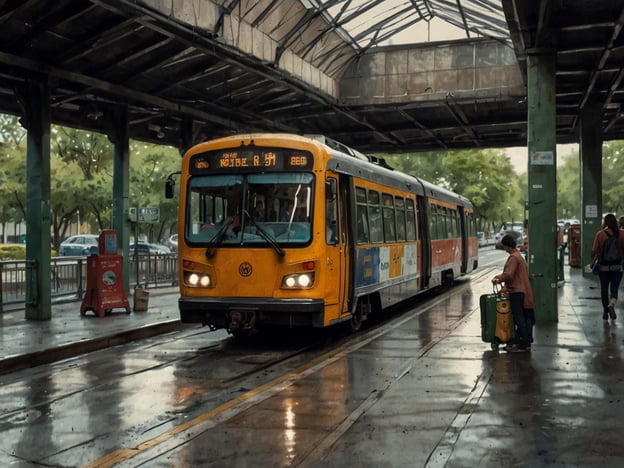Auf dem Bild ist eine Straßenbahn zu sehen, die an einer Haltestelle hält. Die Straßenbahn ist ein gängiges Transportmittel in vielen Städten, das es den Menschen ermöglicht, schnell und effizient von einem Ort zum anderen zu gelangen. An der Haltestelle stehen Passagiere, einige von ihnen sind mit Gepäck ausgestattet, was darauf hindeutet, dass sie reisen.In vielen Ländern sind öffentliche Verkehrsmittel wie Straßenbahnen, Busse und U-Bahnen wichtige Fortbewegungsmittel, die es den Menschen erleichtern, sich im urbanen Raum fortzubewegen und die Umwelt zu schonen, da sie eine umweltfreundliche Alternative zum Individualverkehr darstellen.