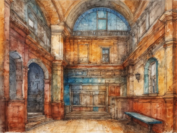 Eine beeindruckende Innenansicht eines historischen Gebäudes mit hohen Decken und großen Fenstern, die viel Licht hereinlassen. Die Wände sind in warmen Erdtönen gehalten, mit dekorativen Elementen und architektonischen Details. Auf der linken Seite sind drei große Bögen sichtbar, die zu einem Raum führen. Im Hintergrund erkennt man eine kunstvoll gestaltete Wand, die in unterschiedlichen Farbtönen leuchtet. Der Boden ist mit großen Fliesen ausgelegt, und eine einfache Holbank steht am Rand, die zum Verweilen einlädt. Die harmonische Farbgestaltung und die klassischen Details machen diesen Ort besonders einladend und interessant, was eine Reise nach Riga lohnenswert erscheinen lässt.