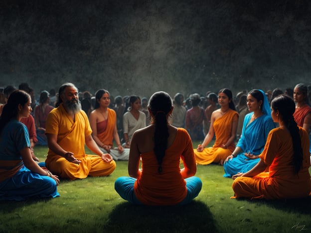 Auf dem Bild ist eine Gruppe von Menschen zu sehen, die in einer meditativen Pose auf einer grünen Wiese sitzen. Die Atmosphäre wirkt friedlich und spirituell, geprägt von der indischen Tradition. Die Teilnehmer tragen traditionelle indische Kleidung in leuchtenden Farben, was eine festliche und harmonische Stimmung unterstreicht.Diese Szene könnte eine gemeinsame Meditations- oder Yoga-Praxis darstellen, die in der indischen Spiritualität tief verwurzelt ist. Das Zelebrieren von Achtsamkeit und innerer Ruhe ist ein zentraler Aspekt sowohl des Yoga als auch der indischen Philosophie. Die Gesichter der Menschen strahlen Gelassenheit aus, was darauf hindeutet, dass sie in einen Zustand tiefer Konzentration und Verbundenheit mit sich selbst und dem Universum eingetreten sind. Es spiegelt das Ziel wider, durch Meditation und Yoga ein höheres Bewusstsein zu erreichen.