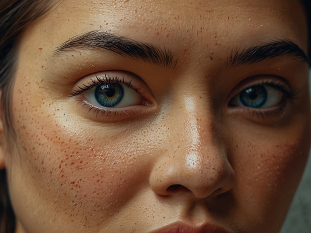 Auf dem Bild ist das Gesicht einer Person zu sehen, die eine bemerkenswerte Hauttextur und auffällige, lebendige blaue Augen hat. Die Darstellung zeigt Details wie Sommersprossen und eine glatte Hautoberfläche, was eine natürliche und authentische Schönheit vermittelt.In vielen Kulturen wird das Auge als „Fenster zur Seele“ betrachtet, und die Farbe und Intensität der Augen können verschiedene Bedeutungen und Emotionen repräsentieren. In sozialen Medien und der Mode werden oft solche Nahaufnahmen verwendet, um Individualität und Selbstakzeptanz zu fördern. Die Hauttextur kann auch zu einem Bewusstsein für natürliche Schönheit und Diversität in der heutigen Gesellschaft beitragen.