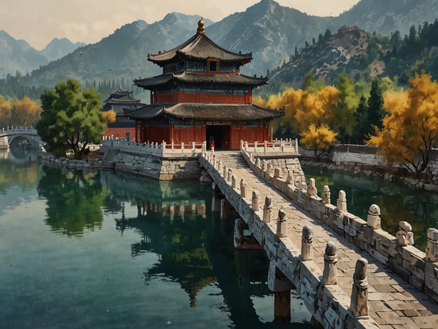 Auf dem Bild ist ein **traditionelles asiatisches Gebäude** zu sehen, das auf einem **malerischen Wasserlauf** steht. Umgeben von **Bergen** und **Bäumen** bietet die Szenerie eine **friedliche Atmosphäre**.**Highlights für die Reiseroute:**1. **Besuch der traditionellen Architektur**: Erkunde das eindrucksvolle Gebäude und seine Geschichte.2. **Spaziergang über die Brücke**: Genieße den Blick auf das Wasser und die umgebende Natur.3. **Naturerkundung**: Erlebe die Landschaft und die Farben der Bäume, besonders im Herbst.4. **Fotostopp**: Nutze die Gelegenheit für atemberaubende Fotos der Szenerie.