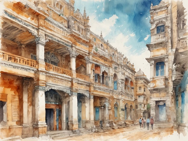 Die Aquarellzeichnung zeigt eine historische Architektur mit verzierten Balkonen, Säulen und detailreichen Fassaden. Im Vordergrund sind einige Personen zu sehen, die durch die Straße spazieren. Die Farben sind sanft und harmonisch, mit einem klaren blauen Himmel und warmen Erdtönen. Die Umgebung strahlt eine charmante Atmosphäre aus, die typisch für alte europäische Städte ist. Eine Reise nach St. Petersburg bietet die Möglichkeit, solche einzigartigen Bauwerke und die reiche Kultur hautnah zu erleben.