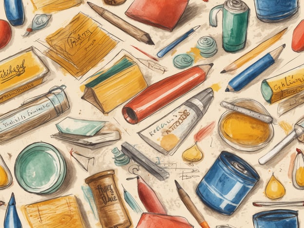 Das Bild zeigt eine Vielzahl von Schreib- und Bastelmaterialien, die chaotisch verteilt sind. Darunter befinden sich verschiedene Stifte in mehreren Farben, kleine Bücher und Notizzettel, eine blaue Dose, ein runder Teller, einige Bleistifte und Radiergummis sowie Kleber und eine Rolle Kreppband. Die Materialien sind in verschiedenen Größen und Formen angeordnet und geben einen kreativen Eindruck.